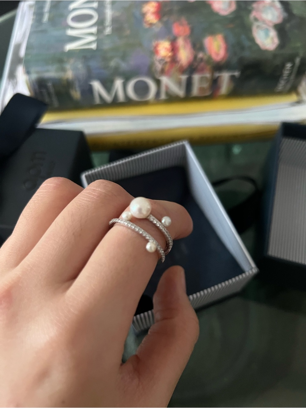 Double band stack pearl ring
